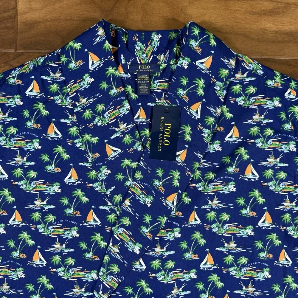 Polo Ralph Lauren Men's Size S / M Blue Tropical Sailboat Print 100% Cotton Robe